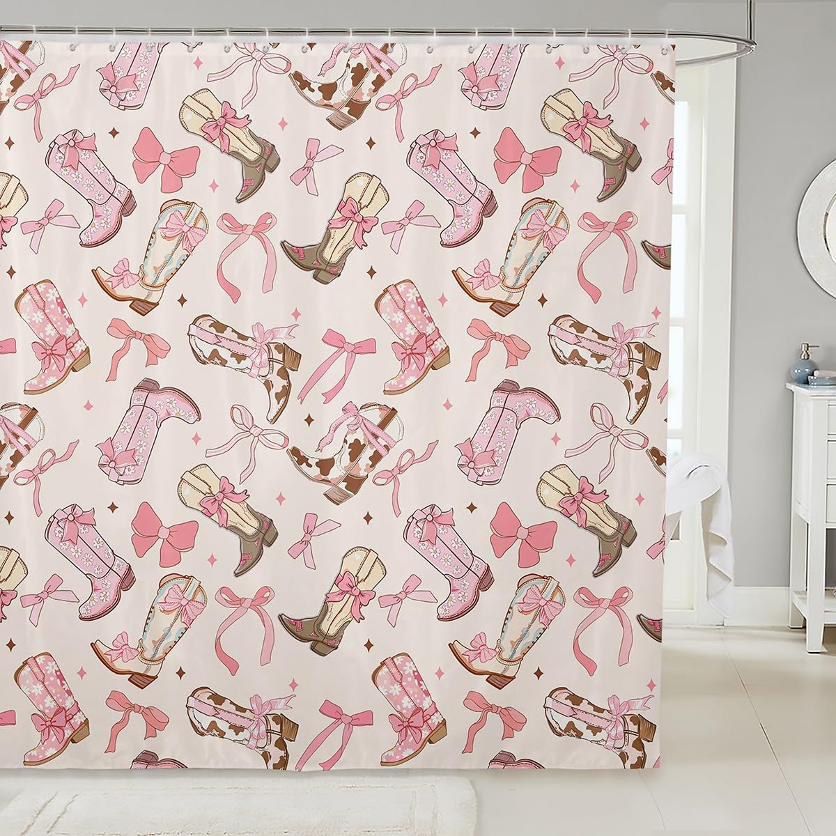 ستارة حمام فيليو بتصميم فيونكة وردية 72"x84" للأطفال، طقم ستارة حمام لطيف بتصميم عقدة فيونكة للأولاد والمراهقين والبنات، ستارة حمام مقاومة للماء بتصميم فيونكة، إكسسوارات حمام للأطفال بتصميم أحذية رعاة البقر، فيونكة