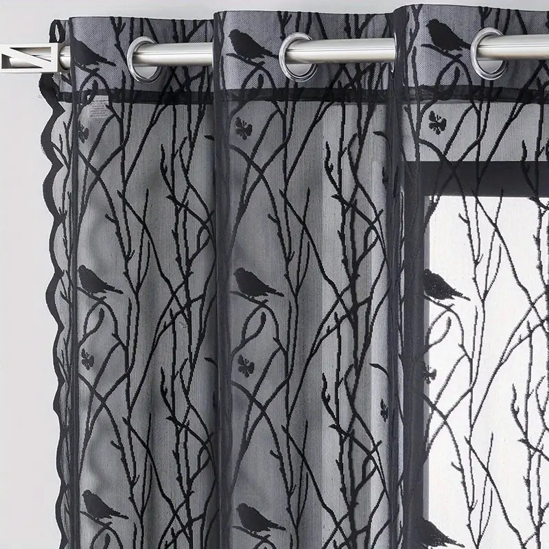 Elegant Black Lace Bird Pattern Sheer Curtains (Grommet Top)