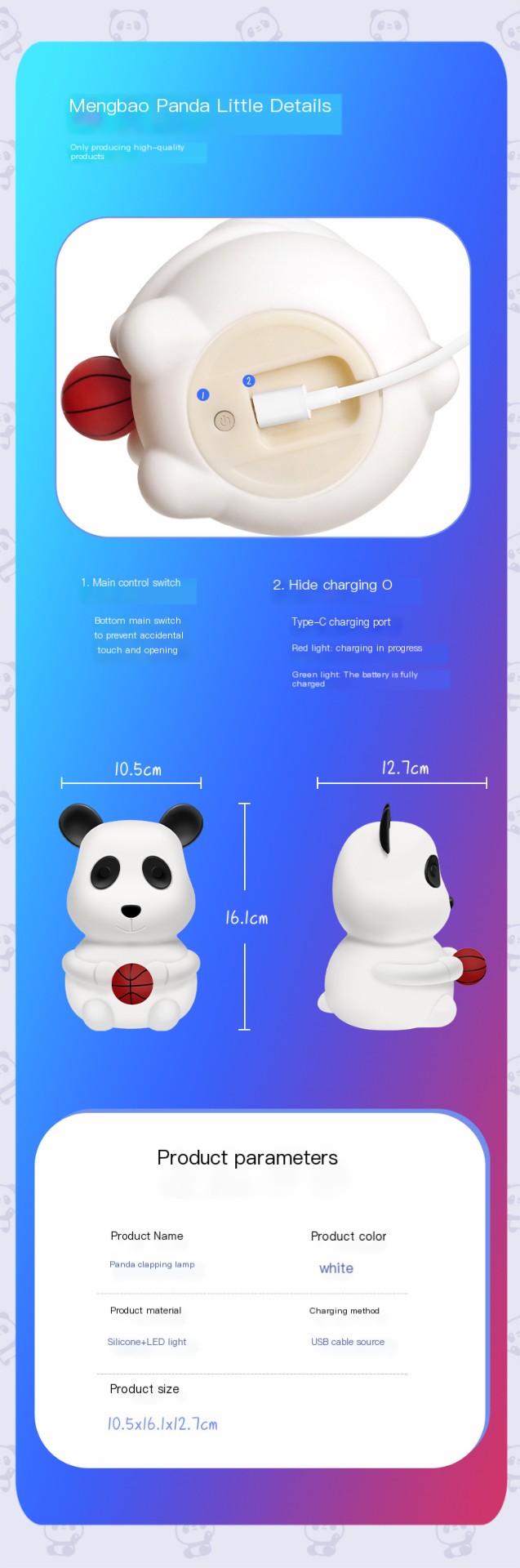 Silicone Charging Color-Changing Panda Night Light