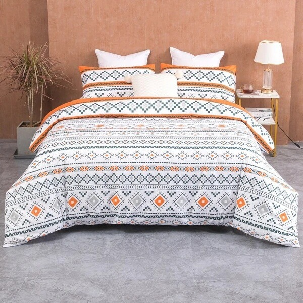 Boho Bedding Set with Geometric Stripes and Fleece Blanket
