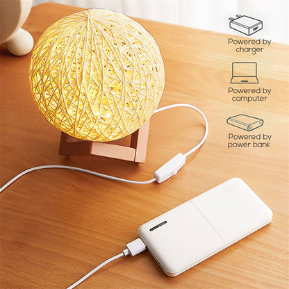 LED Rattan Ball USB Table Lamp for Bedroom Decor