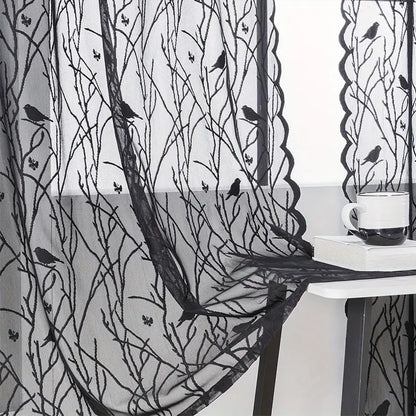 Elegant Black Lace Bird Pattern Sheer Curtains (Grommet Top)