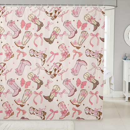 ستارة حمام فيليو بتصميم فيونكة وردية 72"x84" للأطفال، طقم ستارة حمام لطيف بتصميم عقدة فيونكة للأولاد والمراهقين والبنات، ستارة حمام مقاومة للماء بتصميم فيونكة، إكسسوارات حمام للأطفال بتصميم أحذية رعاة البقر، فيونكة
