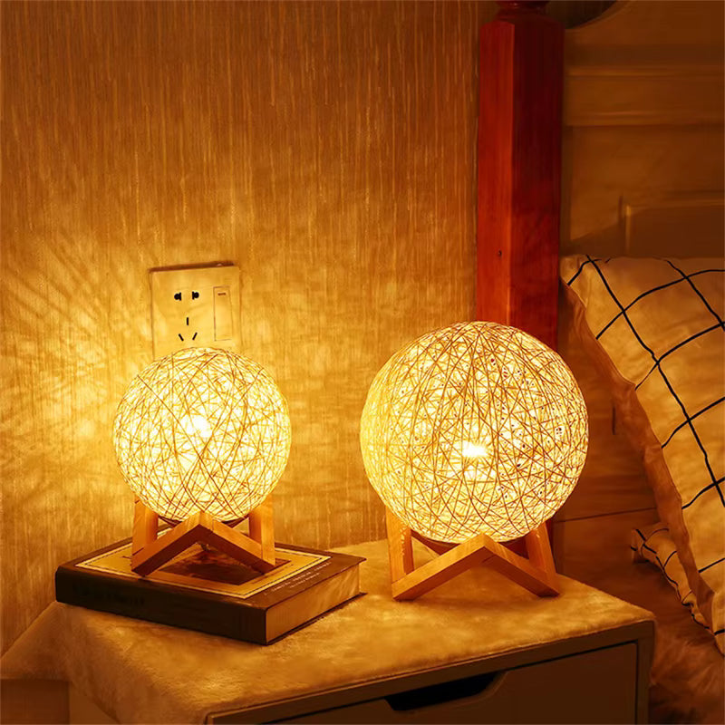LED Rattan Ball USB Table Lamp for Bedroom Decor