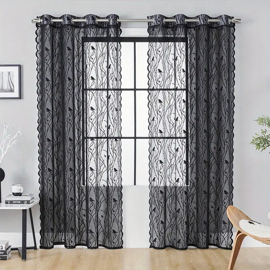 Elegant Black Lace Bird Pattern Sheer Curtains (Grommet Top)
